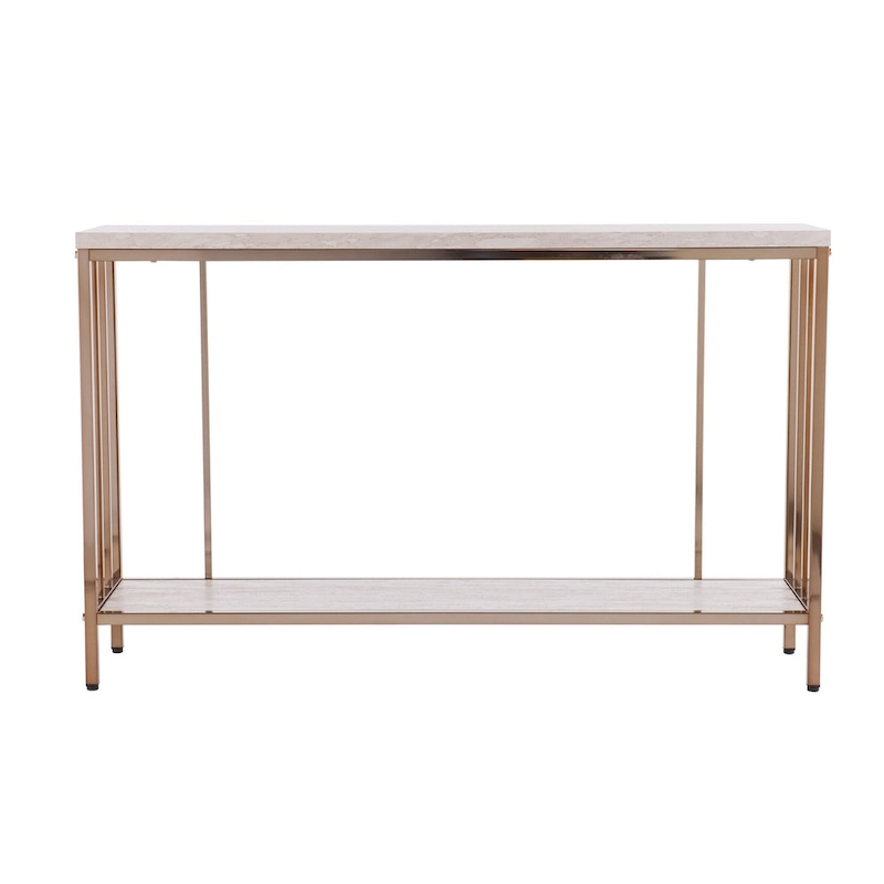 Champagne Faux Stone Rectangular Console Table with Gold Shelf Base - 47.5 L x 12 W x 29.5 H