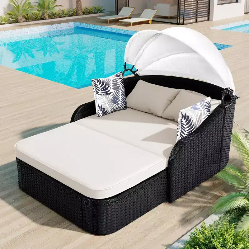 Outdoor Sunbed, Patio PE Rattan Daybed, Upholstered Chaise Lounger with Adjustable Canopy - ModernLuxe