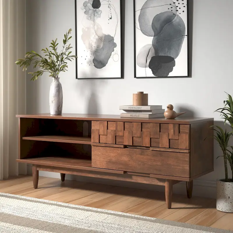 Tobacco Finish Mid-Century 2-Drawer TV Stand, 59 in.