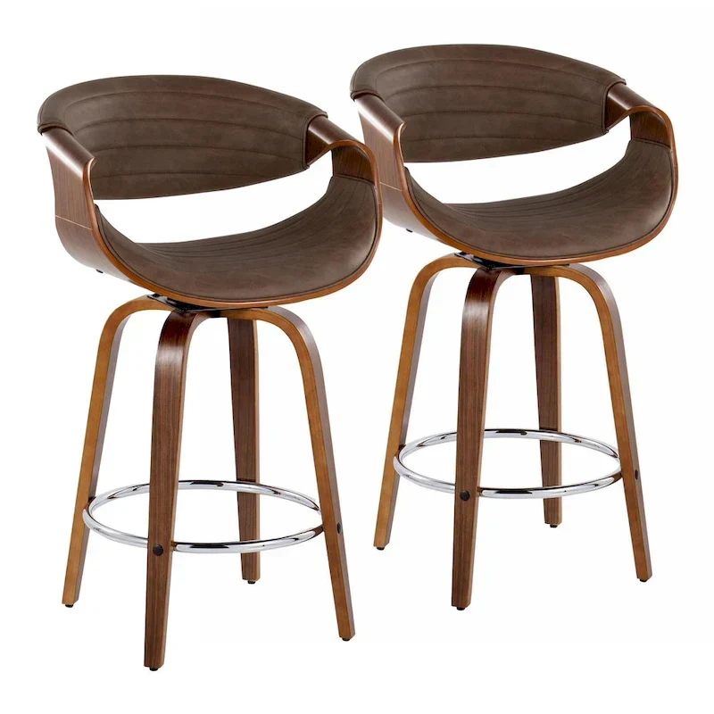Faux Leather Counter Stool with Bent Wood Legs & Round Footrest (Set of 2)