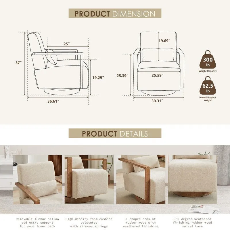 360 Degree Swivel Accent Chair with Solid Wood Armrest and Base