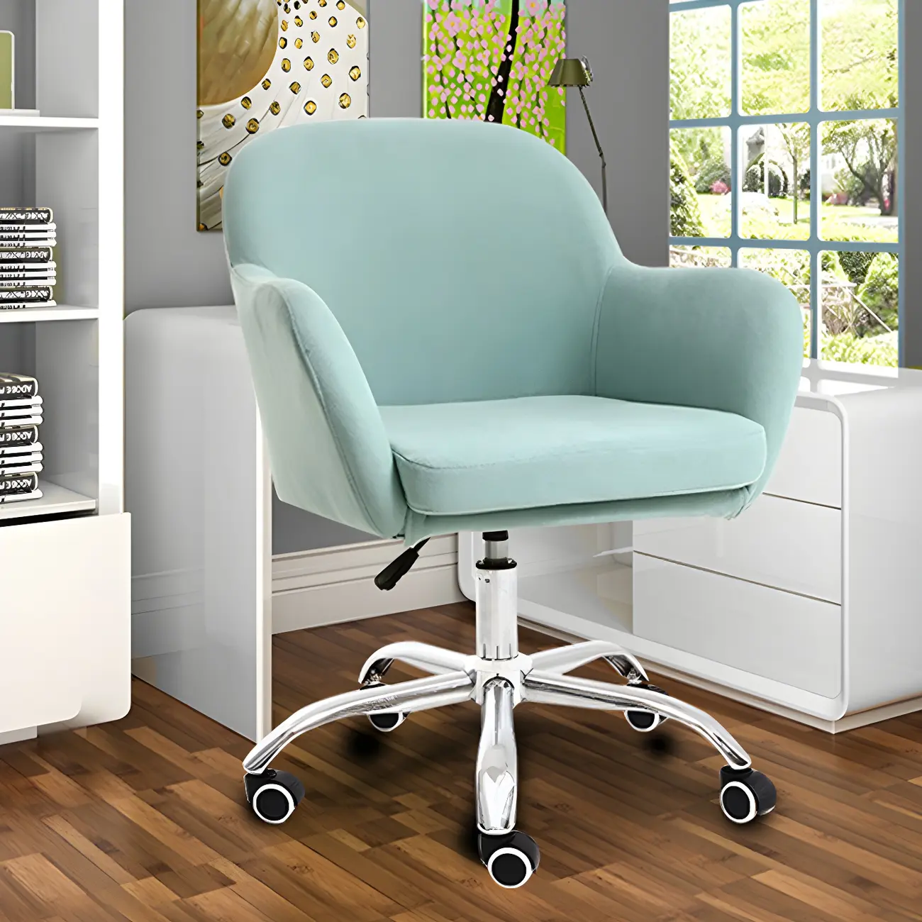 Low-back Green Fabric Swivel Armrest Office Chair