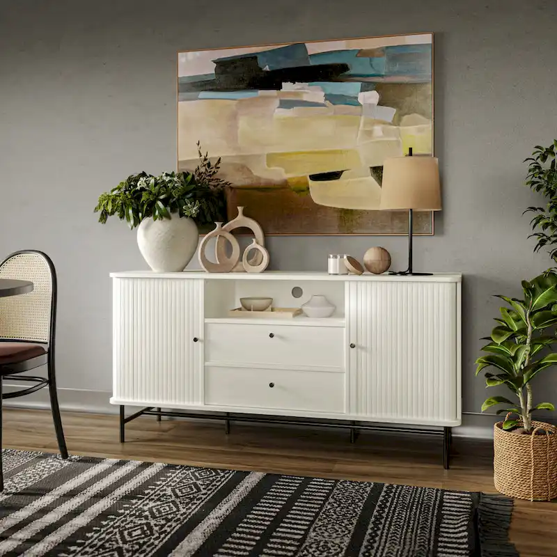 Light Brown / White Curved Sideboard Buffet with Sliding Tambour Doors