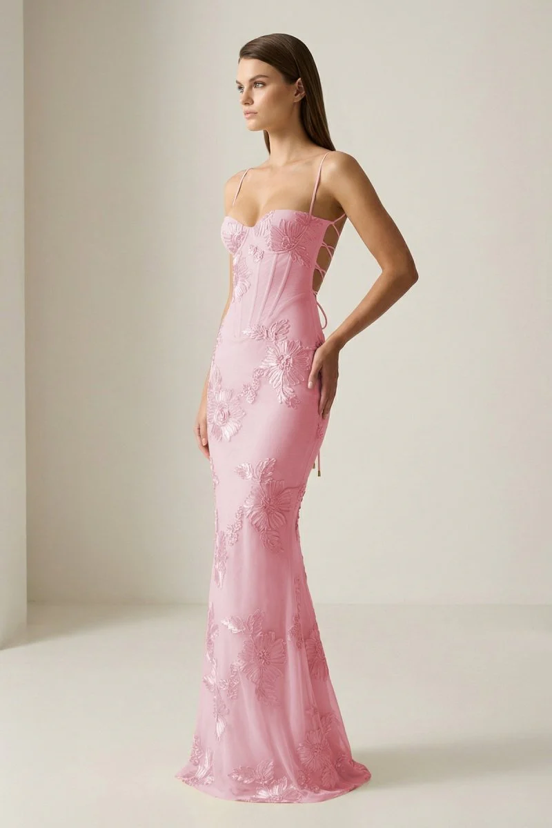 Yellow Spaghetti Straps Sheath Long Prom Dresses With Floral Embroidery