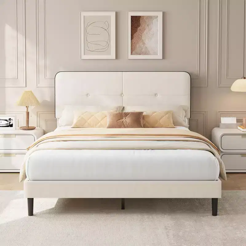 Velvet Upholstered Platform Bed Frames with Adjustable Headboard for Bedroom, No Box Spring Needed