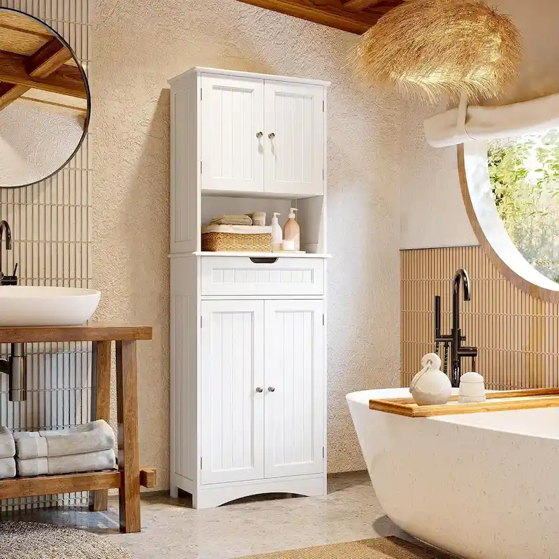 66.5Tall Freestanding White Kitchen Food Storage Cabinet with Metal Slide Drawers with Flip-Flops