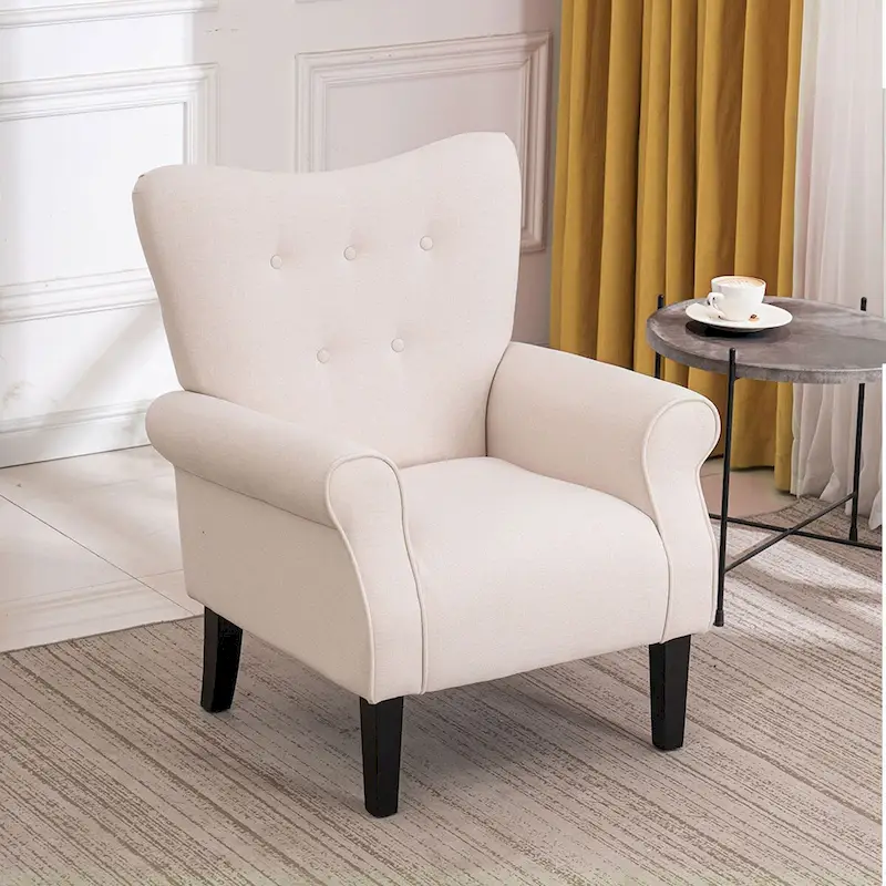 EROMMY Wingback Accent Chair, High-Back Upholstered Fabric Chair with Wooden Legs, Off-White