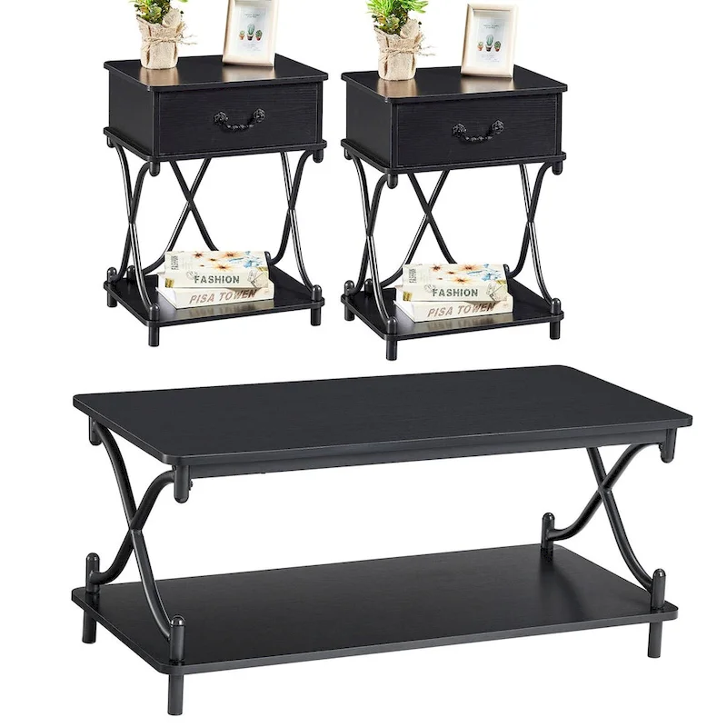 Modern 3-piece Coffee Table, Sofa Table & 1-drawer Nightstand Set of 2(Brown/Black/White)