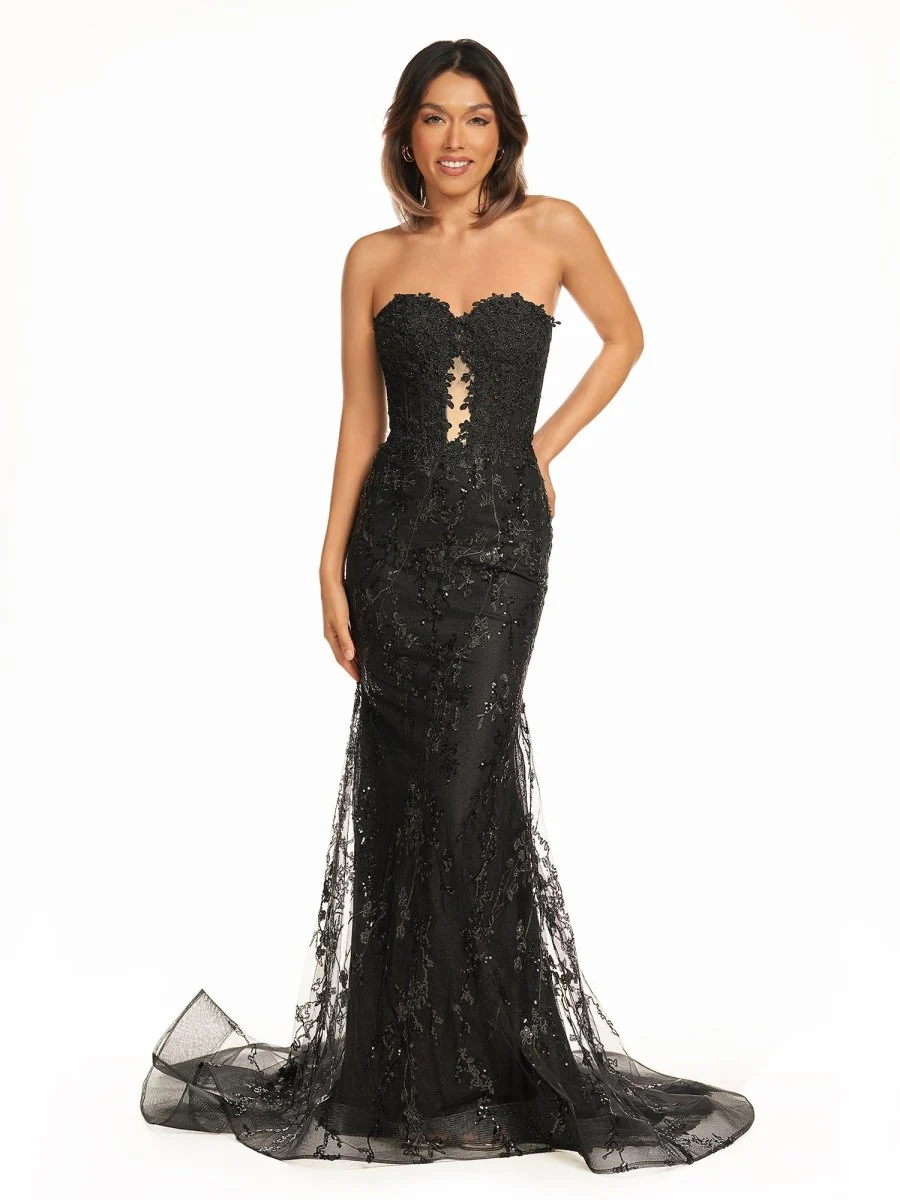 Black Sweetheart Lace Appliques Mermaid Long Prom Dresses