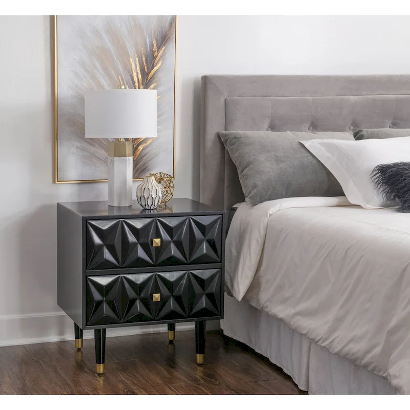 27  Black Geometric Patterned Two Drawer Nightstand