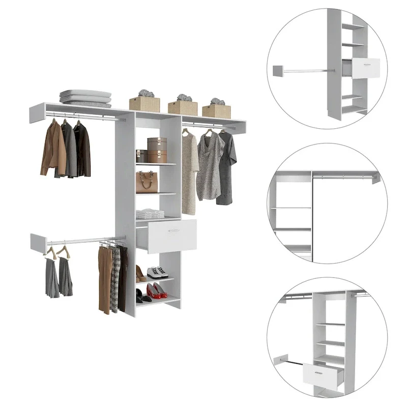 Cross Closet System with Drawer, 3 Metal Rods, and 5 Open Shelves