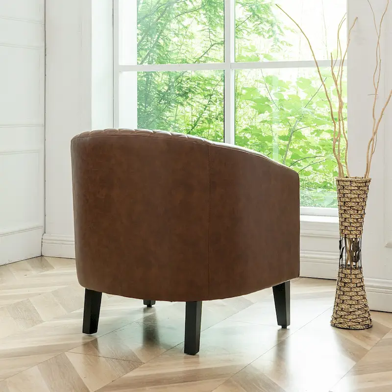 KINWELL PU Leather Tufted Barrel Chair Club Armchair with Nailheads