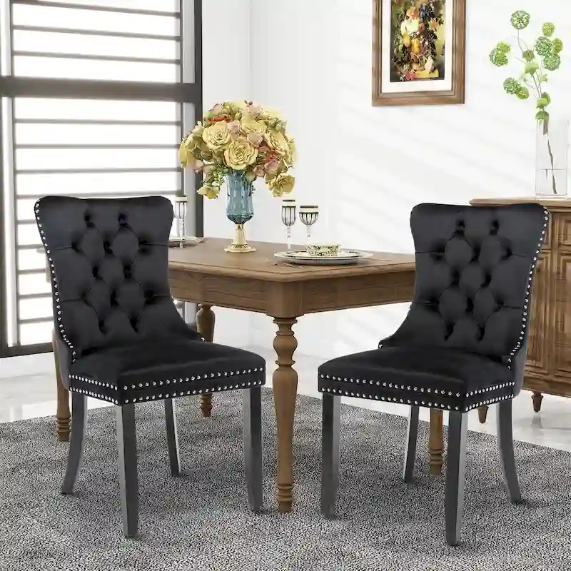 Velvet Dining Chairs, Tufted Solid Wood Armless Chairs Accent Chair with Nailhead Trim and Back Ring Pull