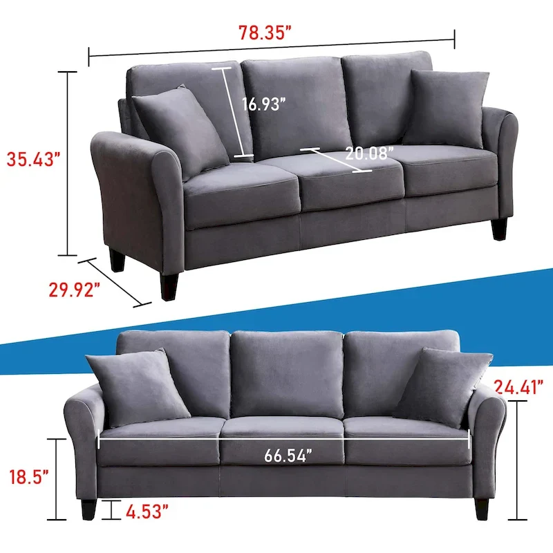 3-Seater Velvet Sofa with 2 Pillows, Black/White/Grey, Wood Frame, 3-Person