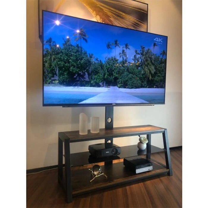 Wooden Tv Stand with Black Tempered Glass Adjustable Swivel Entertainment Center With Mount TV Stand