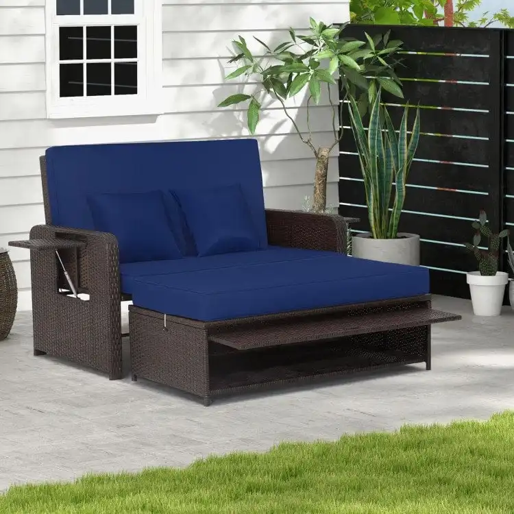Patio Rattan Daybed with 4-Level Adjustable Backrest and Retractable Side Tray - 31 x 67 x 36