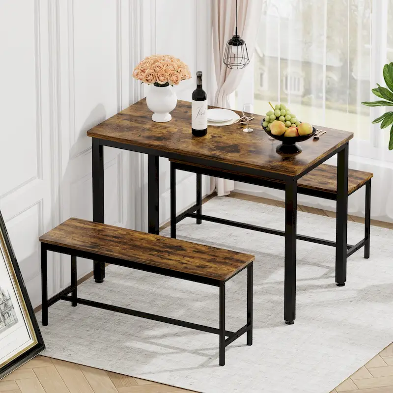 Industrial Rectangle Dining Table Set with 2 Benches Breakfast Nook Dining Table Set Kitchen Dining Table Set Metal Legs
