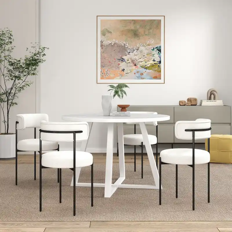 White Round Dining Table with 4 Boucle Chairs for 4 People