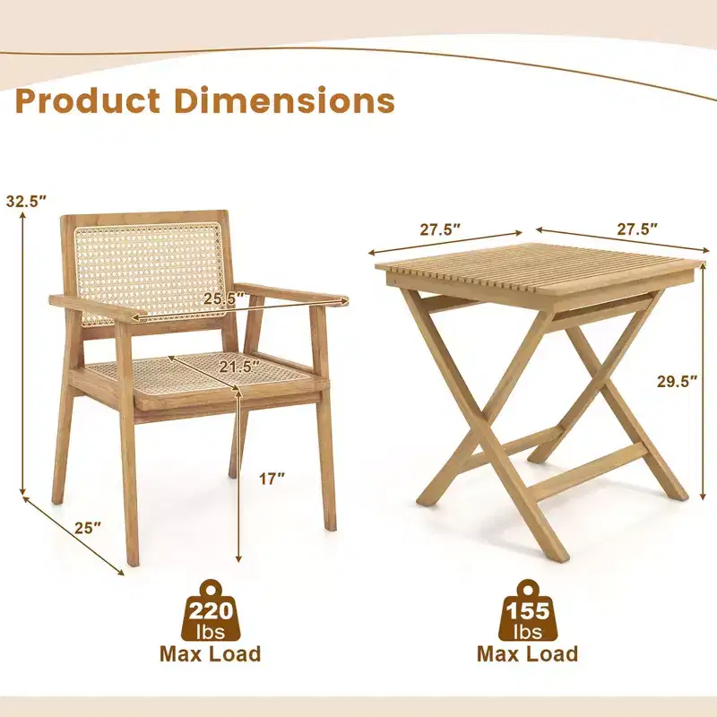 Costway 3 Pieces Patio Table Chair Set Wood Bistro Set with Natural Rattan Seat & Indonesia Teak Wood Frame