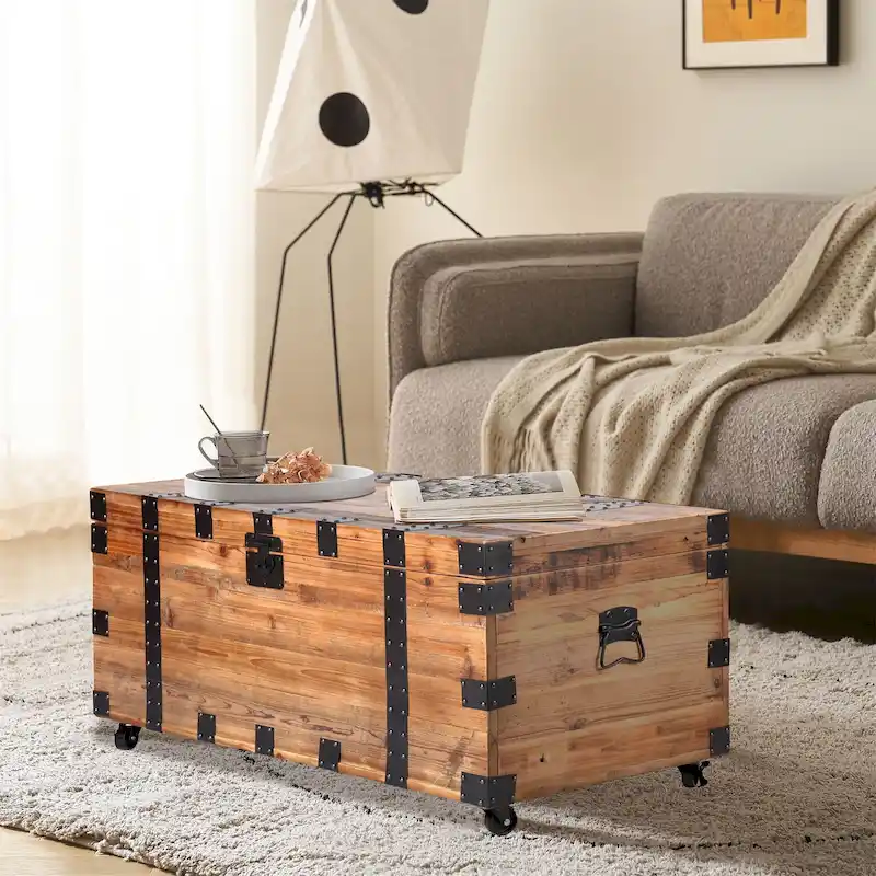Brown Vintage Trunk Coffee Table with Storage & Wheels – 1 Person