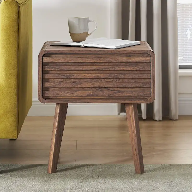 Walnut Mid-Century Modern Nightstand with Drawer, Single