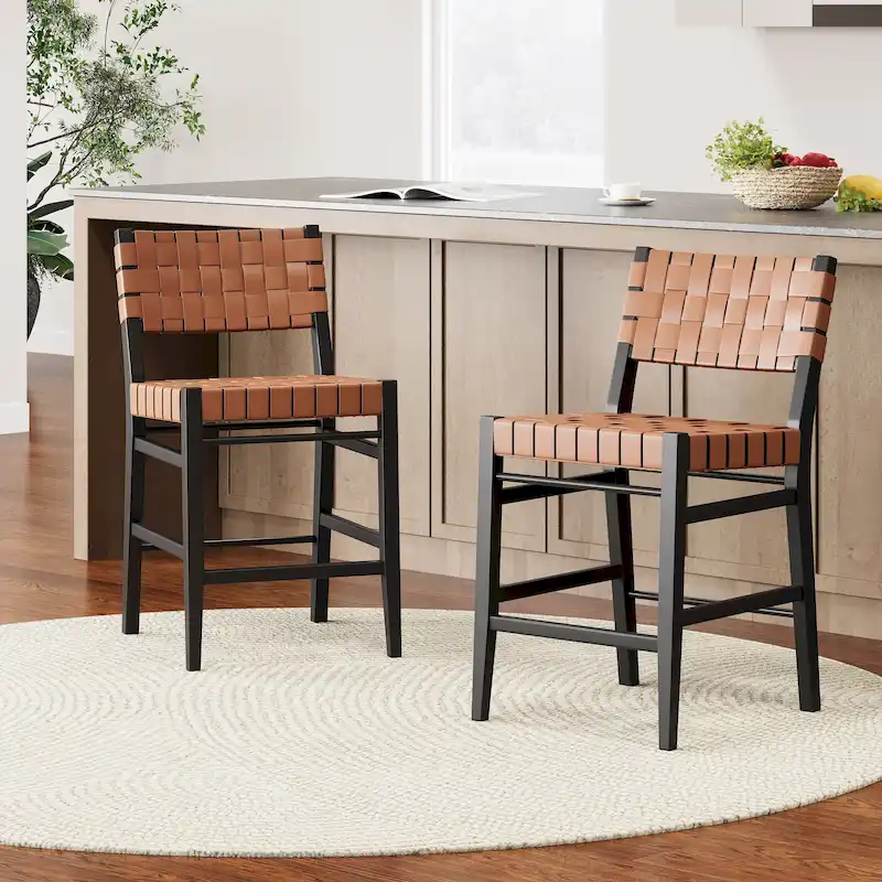 Roomfitters PU Leather Counter Stools, Set of 2 Bar Height Chairs with Woven Back and Rubberwood Frame, Black Brown
