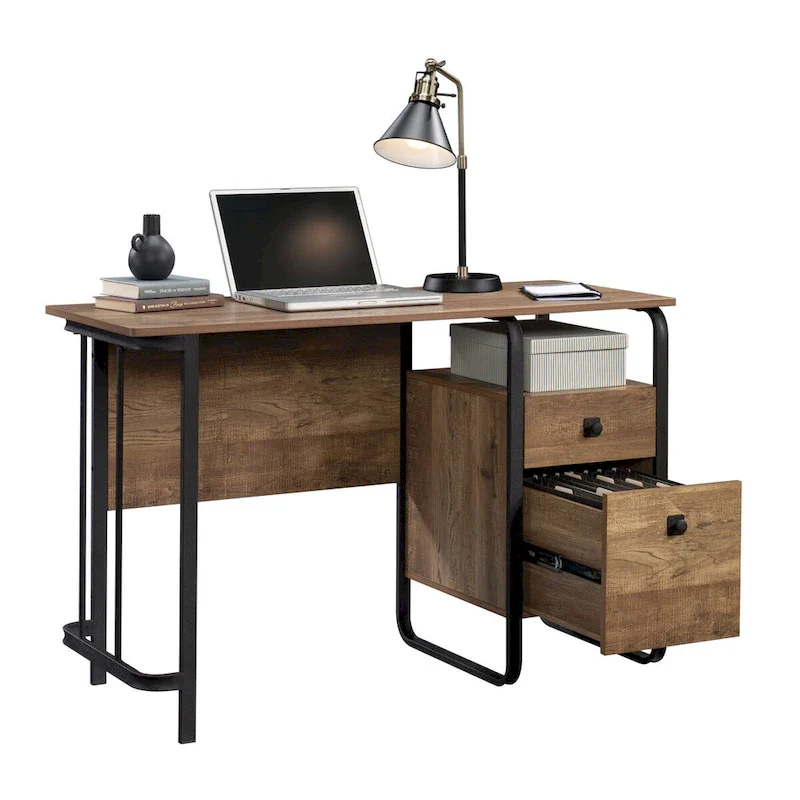 Etched Oak Writing Desk - Industrial Style Home Office Desk with Storage
