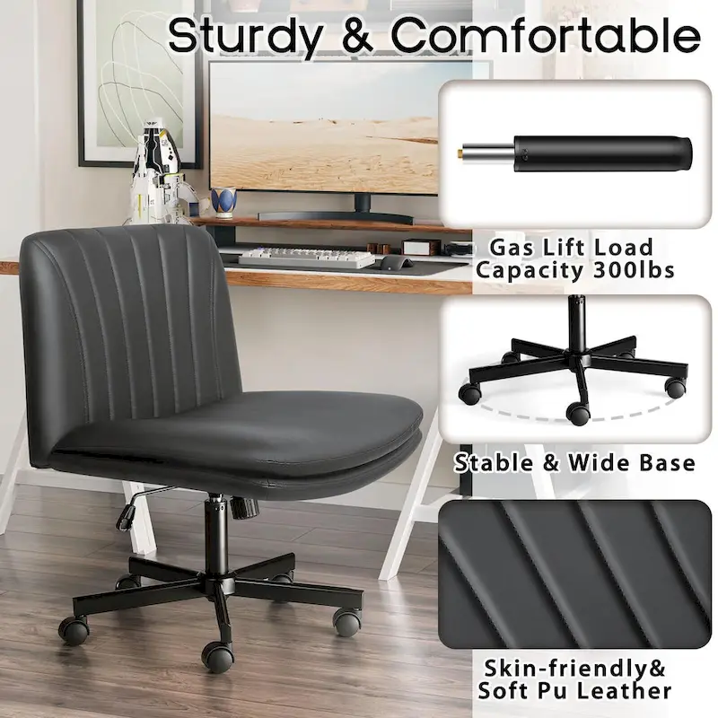 Cross Chair with Wheels,PU Leather Armless Cross Legged Office chair, Adjustable Wide Seat Task Vanity Chair