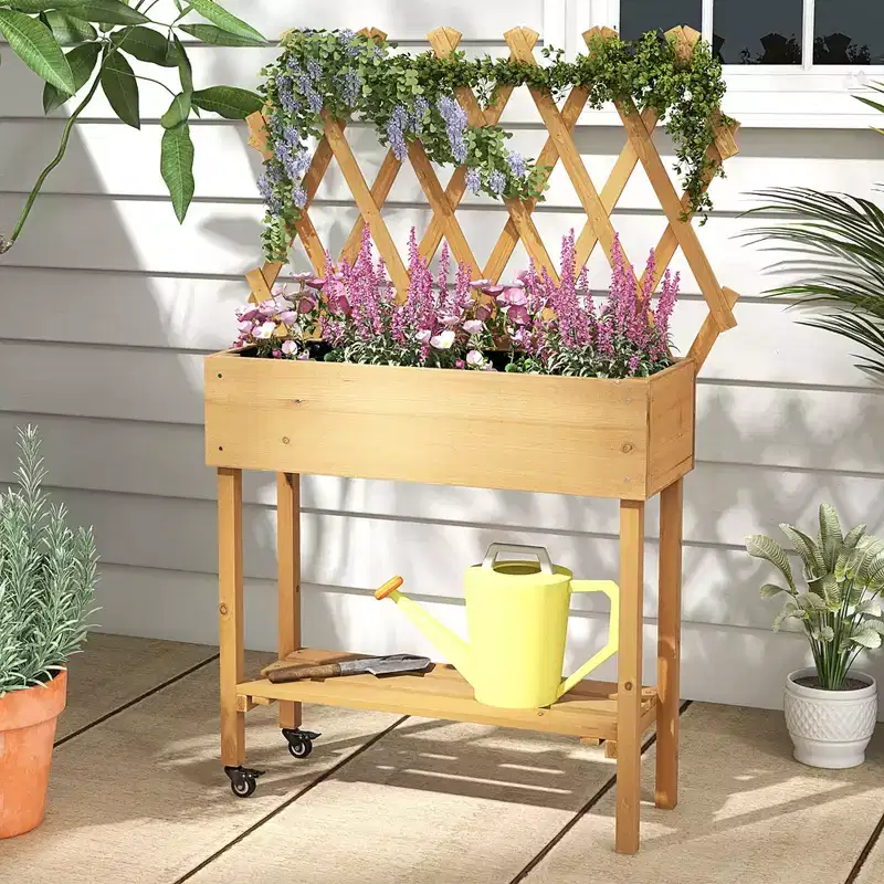 Costway Wood Raised Garden Bed with Trellis Storage Shelf Wheels Liner Drainage Holes