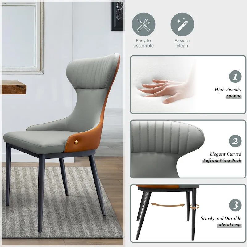 Armless Wingback Dining Chair with Curved Tufted Back & Metal Legs – Grey
