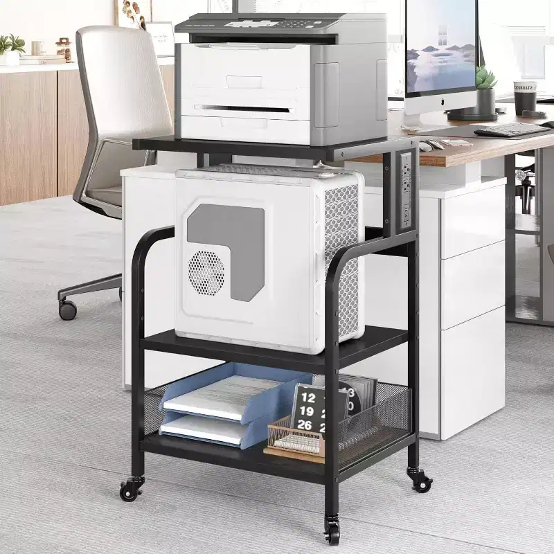 Acekool Large Mobile Printer Stand with Power Outlets and USB Ports, Adjustable 3-Tier Rolling Cart with Wheels for Home Office, Rustic Black