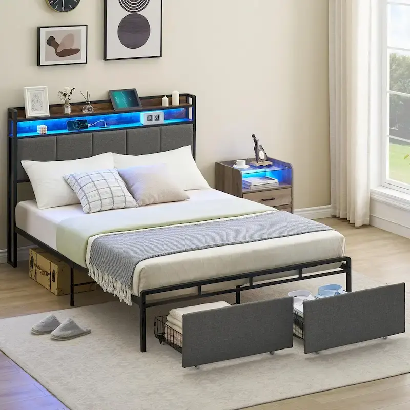 Vintage Upholstered Platform Bed Frame with Storage Drawers
