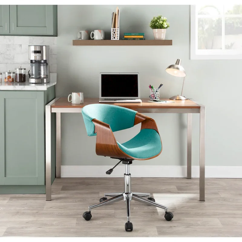 Mid-Century Modern Office Chair, Curved Wood Back, Woven Fabric Seat, Chrome Caster Base, Height Adjustable, Cream / Teal / Orange, 1 Person