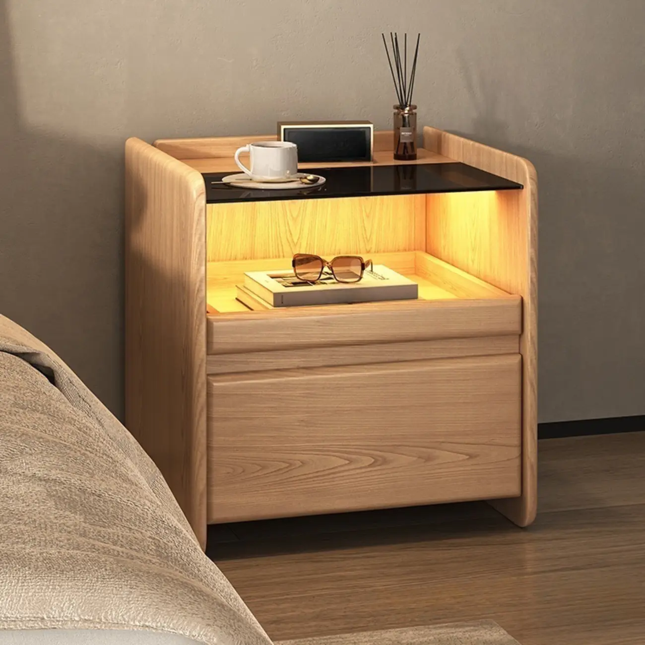 Nut-Brown Wood Glass Top Drawer Nightstand with Light