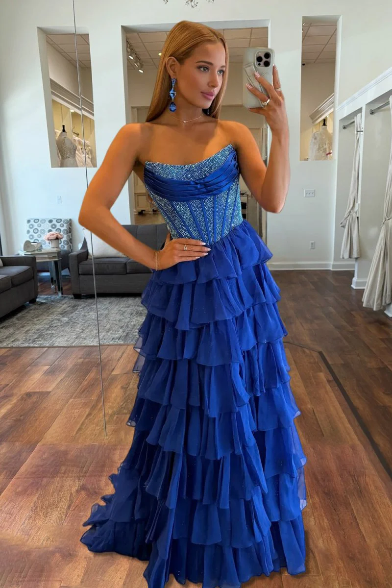 Royal Blue - A Line Strapless Chiffon Beaded Corset Long Prom Dress With Slit
