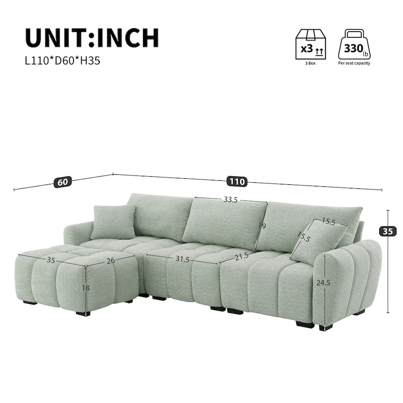 100 L-Shaped Sofa Boucle Fabric Couch with Movable Ottoman