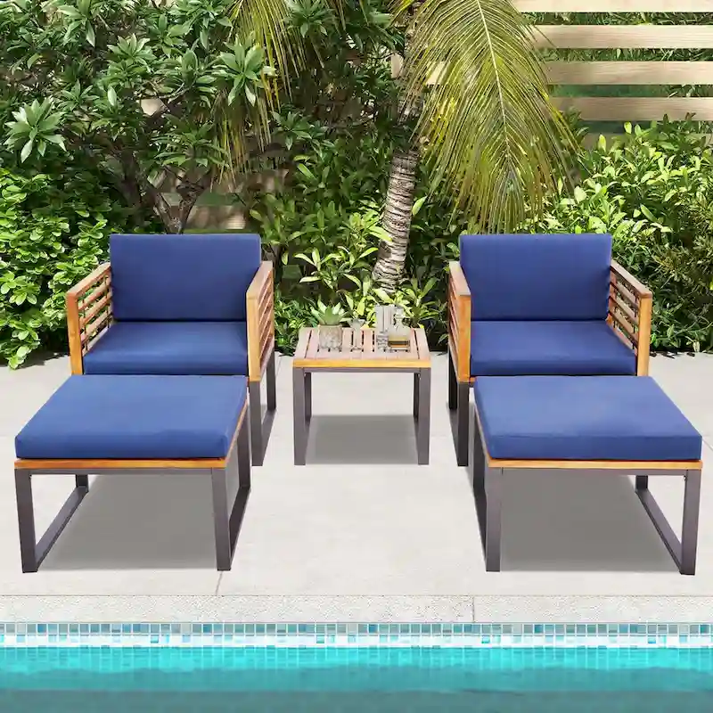 Costway 5pcs Patio Acacia Wood Cushioned Chair Ottoman Table Furniture - See Details