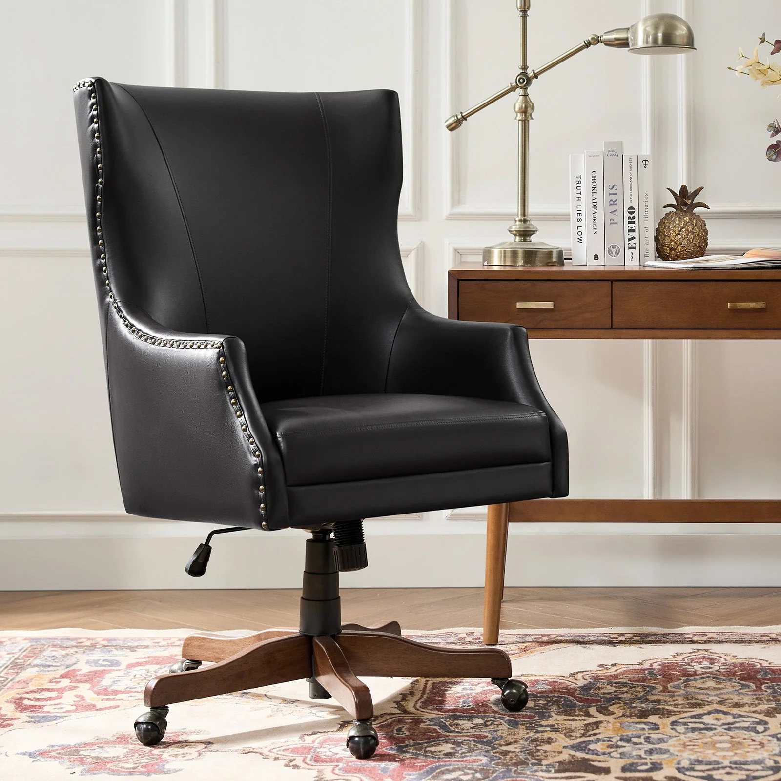 PU Leather Wingback Office Chair with Copper Nailheads, Adjustable Height & Swivel | Camel / Black / Brown | Single Seat