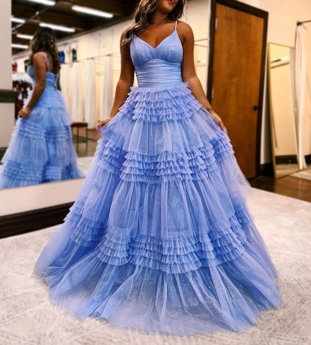 A-Line Deep V Neck Tiered Long Glitter Tulle Prom Dress