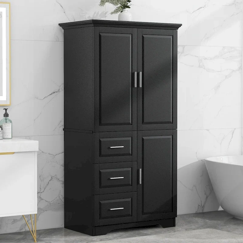 White/Black/Grey MDF Tall Storage Cabinet with 3 Drawers & Doors