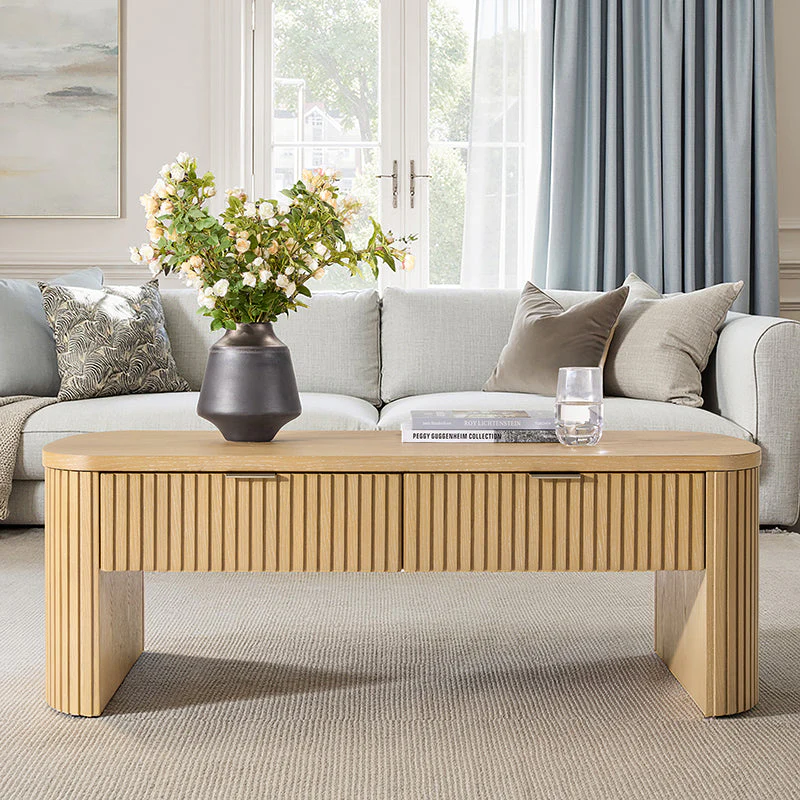 Modern Fluted Coffee Table with Hidden Drawer, Oak Veneer & Solid Wood Frame | Natural / Walnut / Black | Single