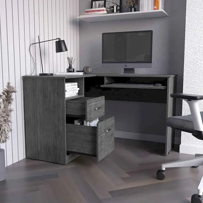 L-Shaped Desk with Keyboard Shelf and Storage Drawers