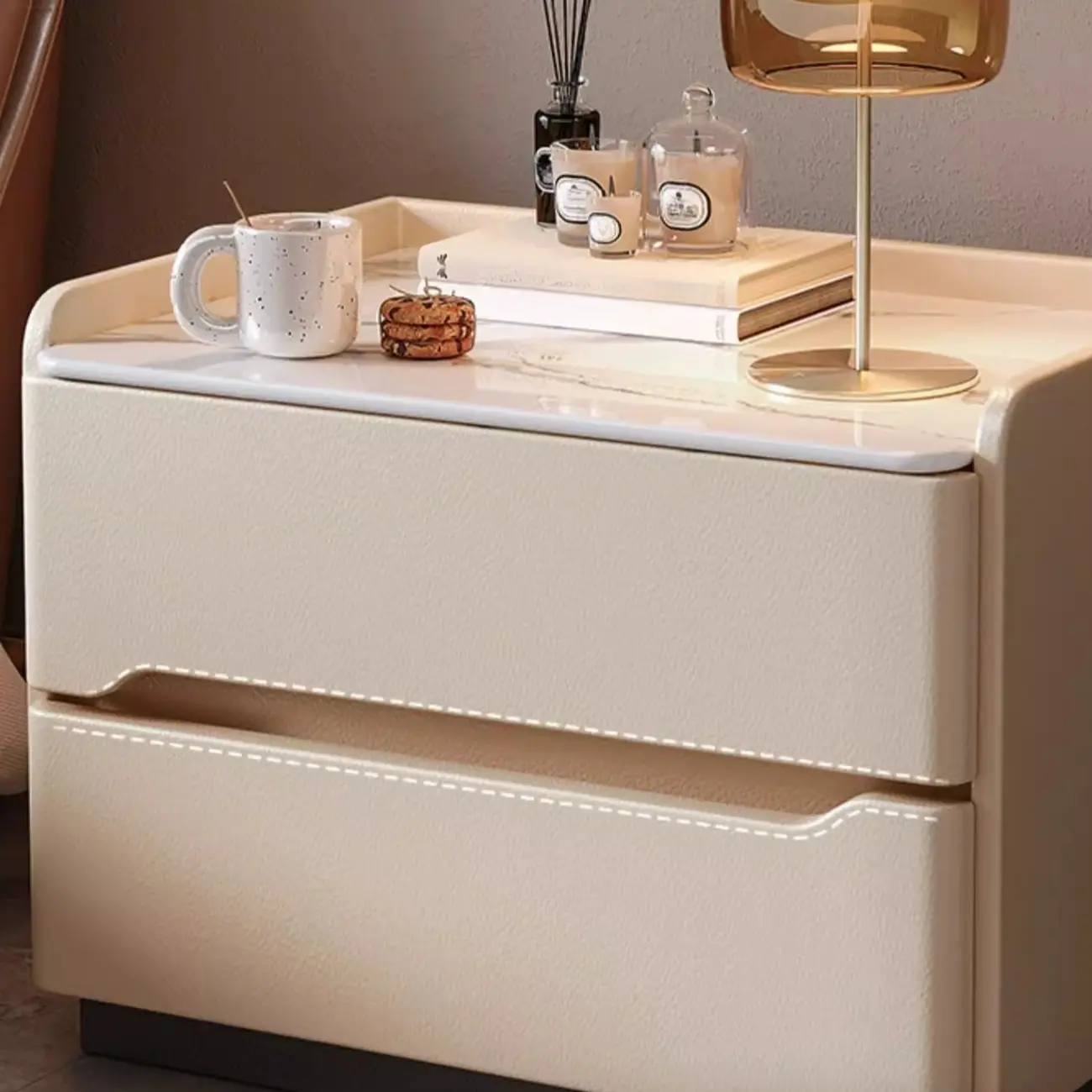 Modern Leather Tray Stone Top 2 Drawers Nightstand