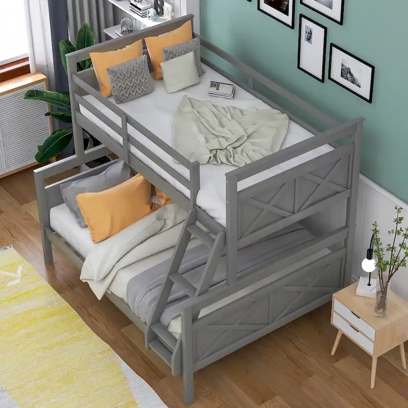 Grey / White Twin over Full Bunk Bed with Inclined Ladder, Sleeps 2