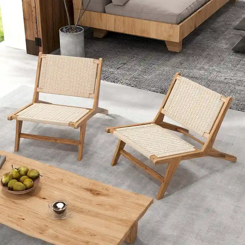 1/2 PCS Modern Accent Teak Wooden Chair w/ Braided Seat & Backrest