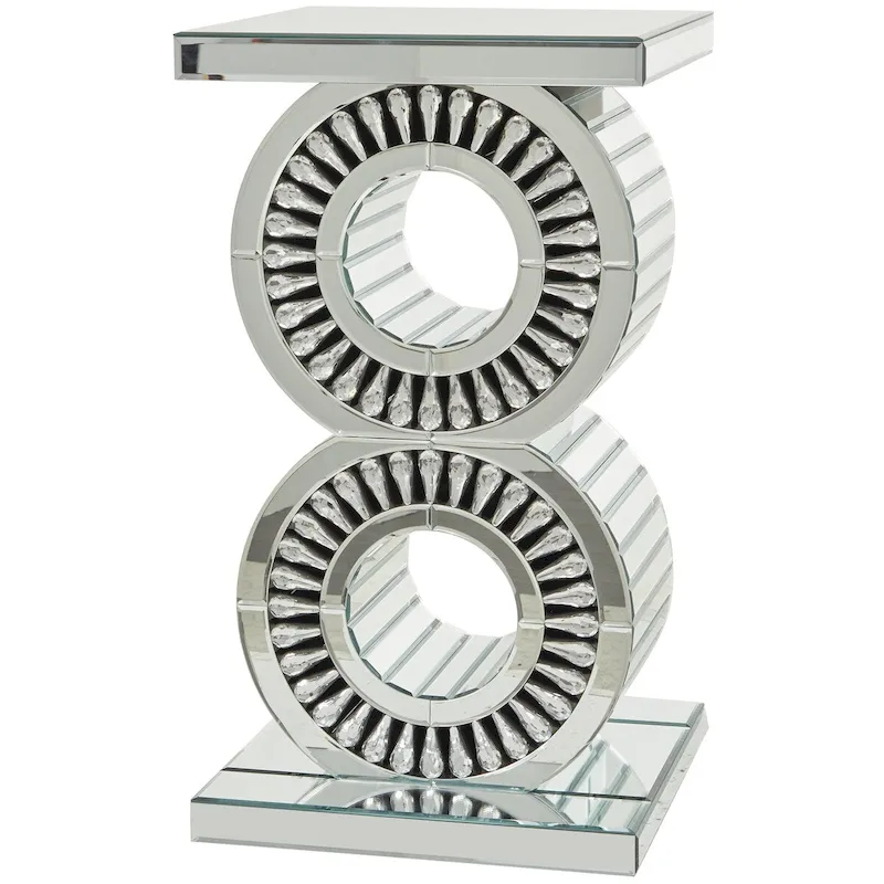 Round Mirrored Side Table with Stacked Circle Base, Silver, 15.7