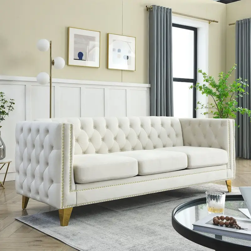 Velvet Upholstered 3 Seat Sofa,  Tufted Square Arm Sofa with Nailheads and Metal Legs