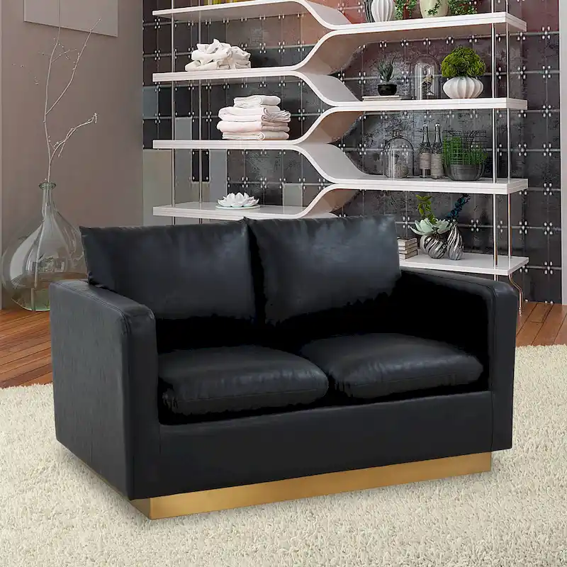Modern Leather Loveseat With Gold Base & Cushions - 55.9