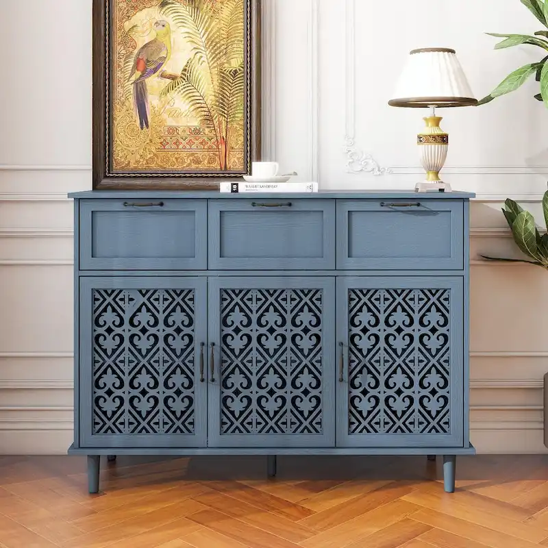 Dark Green & Blue 3-Door 3-Drawer Storage Cabinet, Single