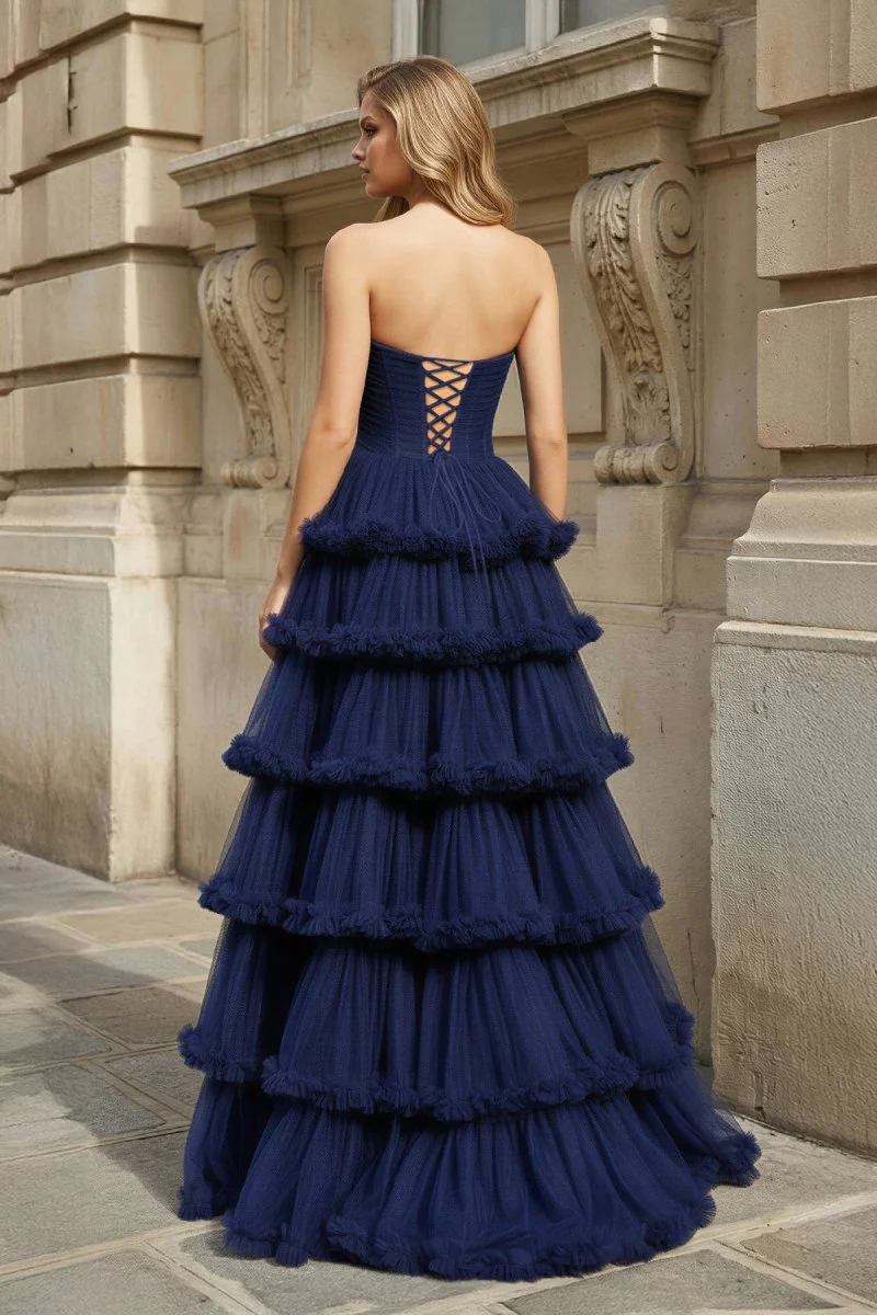 Navy Blue Strapless A Line Tulle Ruffled Long Prom Dresses With Slit